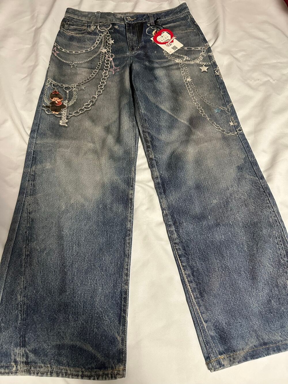 Bershka x Monchhichi collaborative baggy jeans w/print chains  size 6  NWT